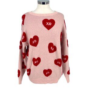 Pink Rose XO Heart Knit Sweater Soft Valentine Pullover Pink Red Size Small